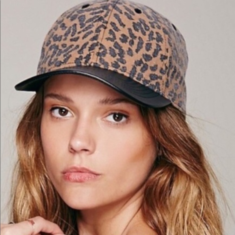 Free People Leopard vegan leather baseball hat cap